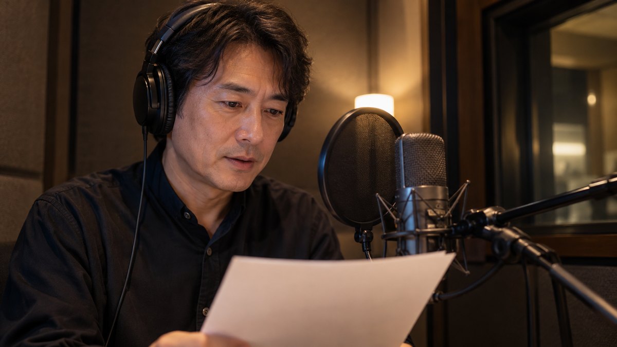 夜、防音の小さな収録ブースで、40代の男性がヘッドホンをつけてマイクの前に座り、手元の原稿を見ながら落ち着いた表情でナレーションを読んでいる近景。原稿とマイクに文字やロゴは無い