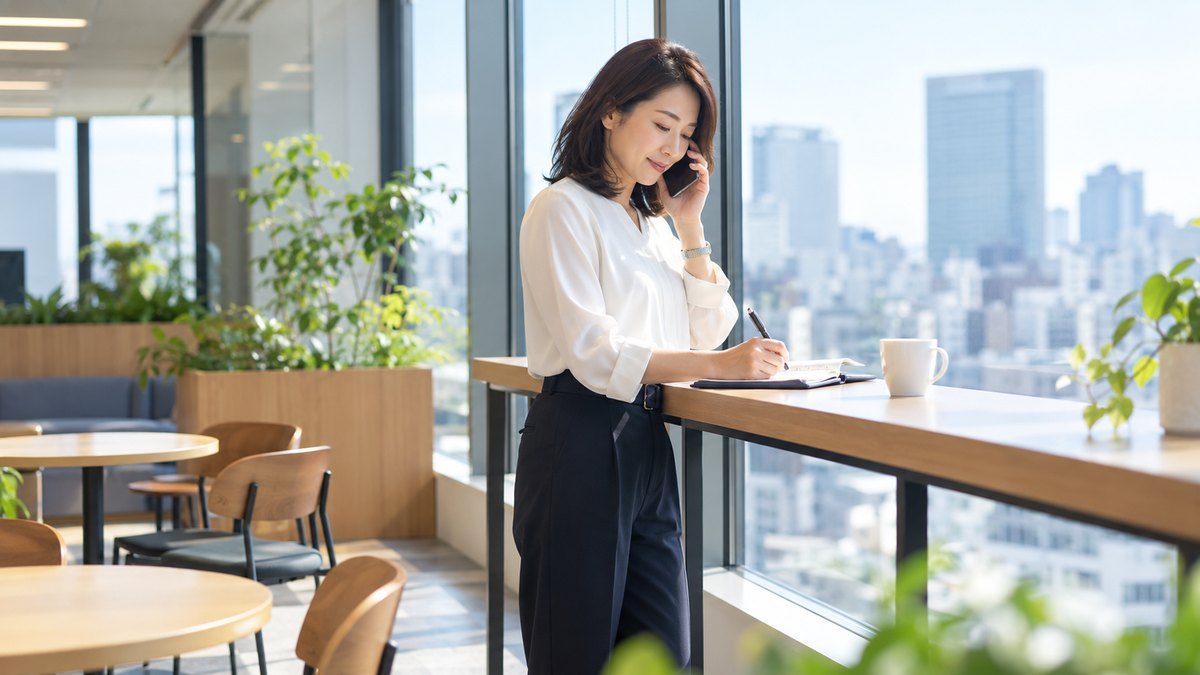 平日の昼、オフィスの明るい休憩スペースで、40代の女性会社員が一人で窓際に立ち、スマホで電話をかけながら手帳に書き込んでいる遠景。手帳とスマホの文字は見えない