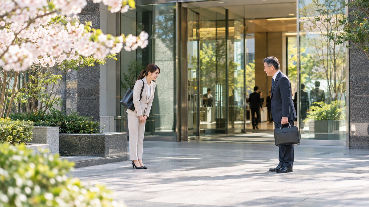 春の朝、オフィスビルのエントランスで、初出勤の20代後半の女性社員が、迎えに来た50代の男性上司と明るい表情で会釈し合っている遠景。看板やロゴの文字は見えない