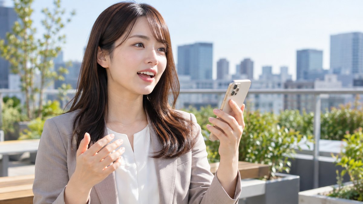 昼休み、オフィスの屋上テラスで、20代後半の女性会社員がスマホのストップウォッチを手に持ち、短い自己紹介を声に出して練習している近景。スマホの画面の文字は見えない