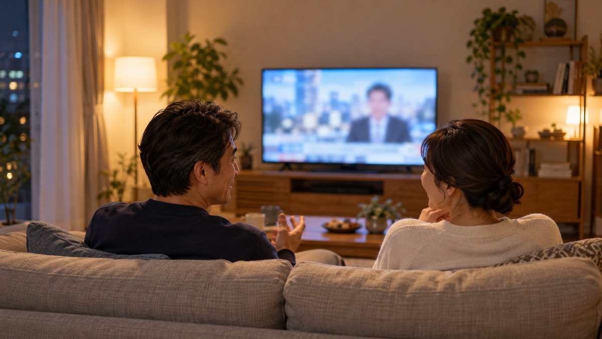 夜、自宅のリビングのソファで、40代の夫婦がテレビのニュース番組を並んで見ながら話している後ろ寄りの遠景。テレビの画面はぼけていて文字は読めない