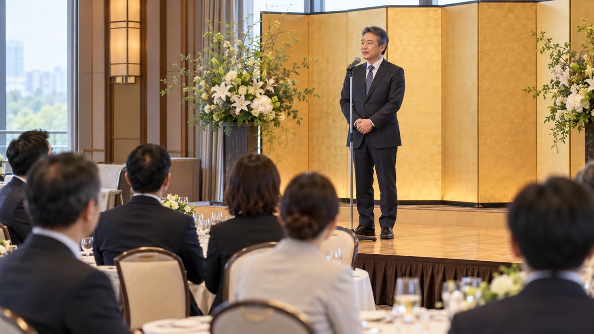 昼、ホテルの宴会場の小さな壇上で、50代の男性会社員がマイクスタンドの前に立ち、落ち着いた表情で挨拶をしている遠景。会場の看板や横断幕の文字は見えない