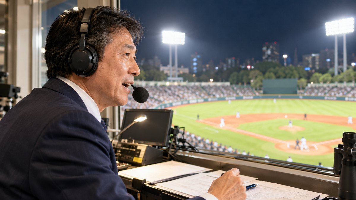 夜の野球場の放送席で、50代の男性アナウンサーがヘッドセットをつけ、明るいグラウンドを見ながら実況している横からの近景。機材や紙に文字やロゴは無い