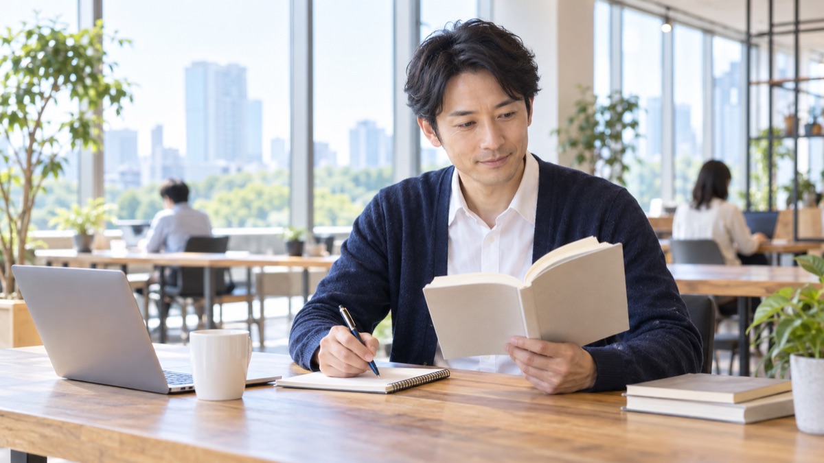コワーキングスペースの机で、本を開いてノートに言葉を書き留める男性会社員