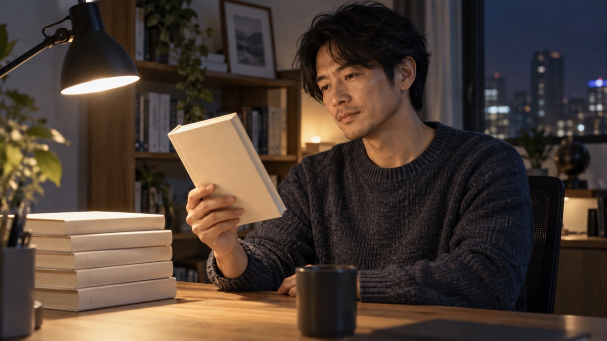 夜の自宅の書斎で、机に積んだ語彙力の本から1冊を手に取って眺める男性