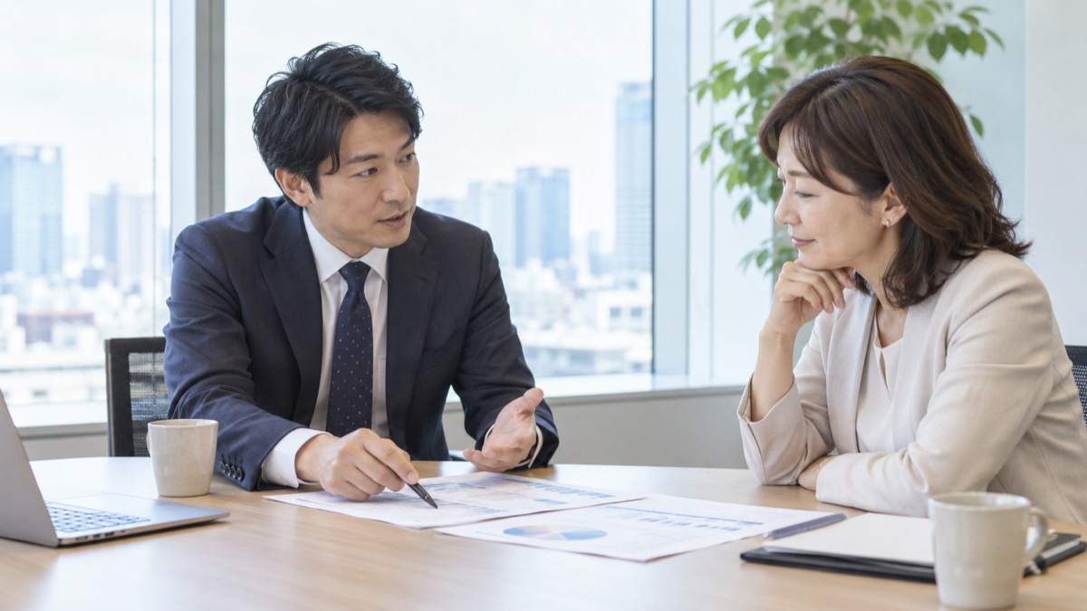会議室で、取引先の女性に資料を指しながら言葉を選んで説明する男性会社員