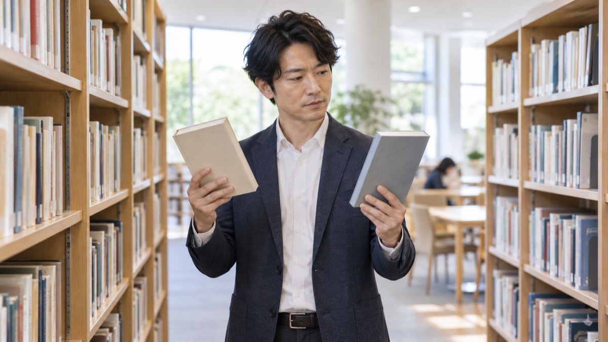 図書館の書架の間で、語彙力の本を2冊持って見比べる男性