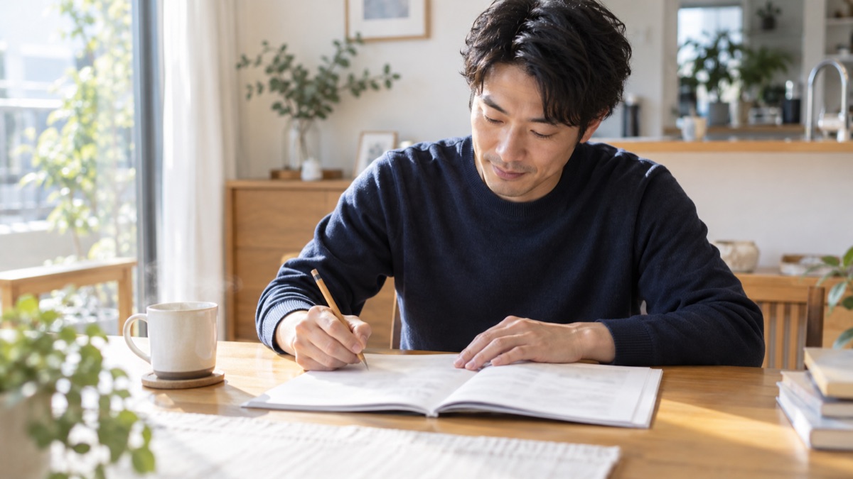 週末の朝、自宅のダイニングテーブルで語彙力ドリルに鉛筆で書き込む男性