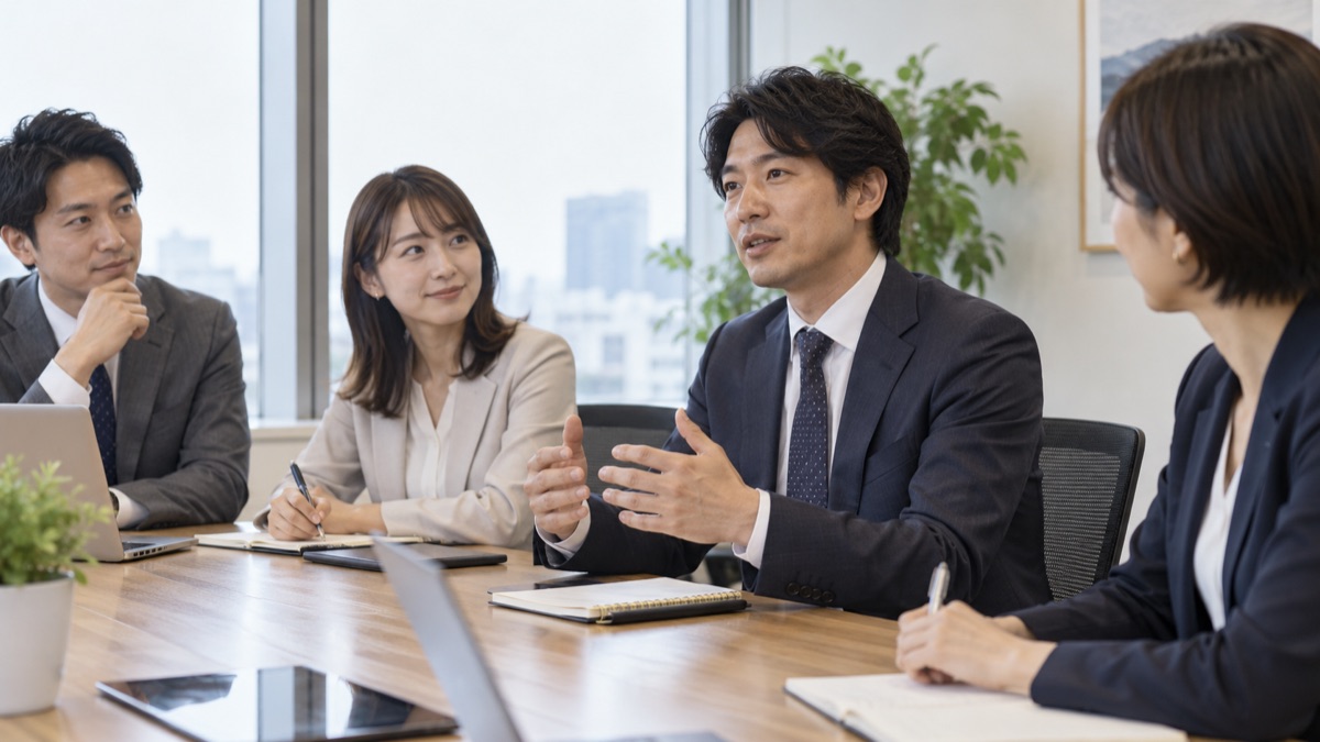 少人数の社内会議で、同僚が見守る中、考えてから話し始める男性会社員