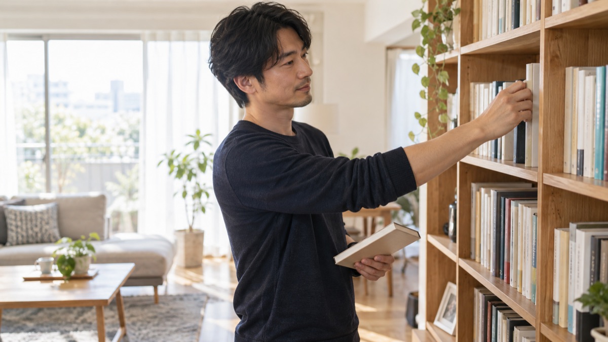 自宅の本棚の前で、読み終えた本を戻しながら1冊だけ手元に残す男性