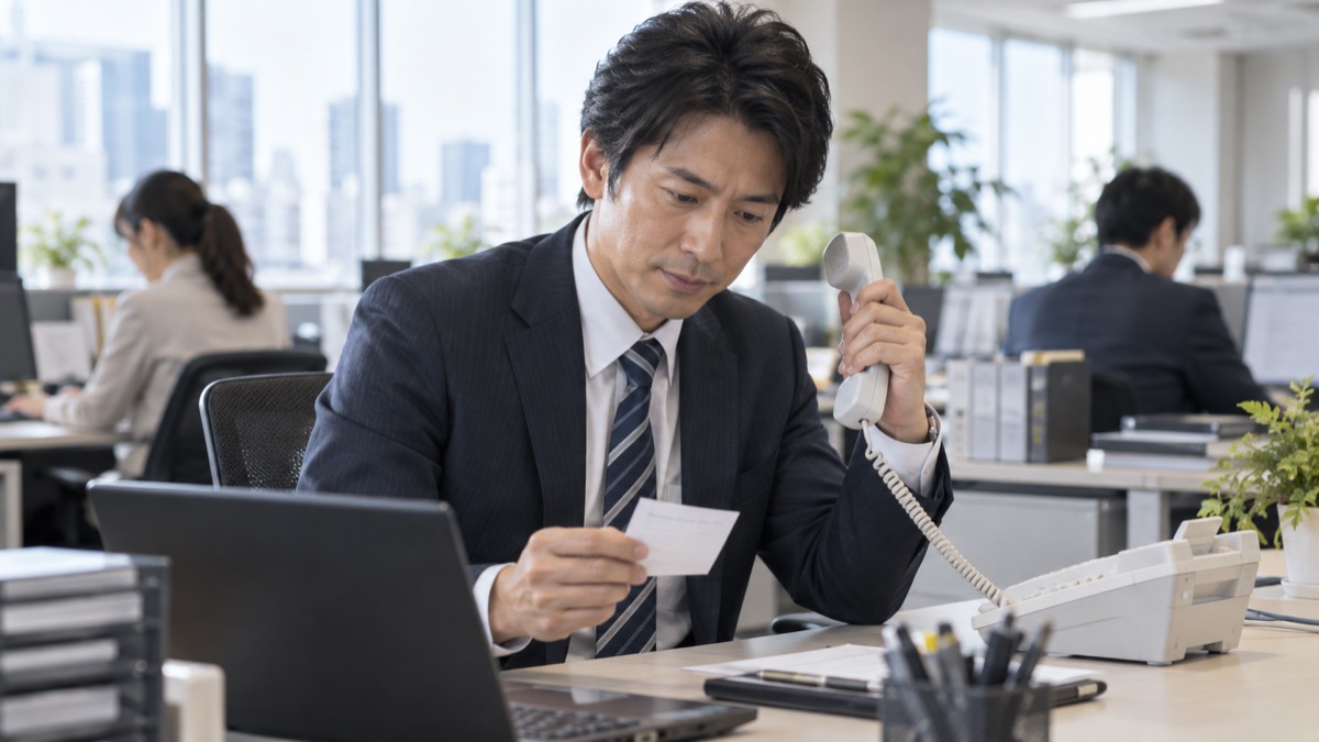オフィスの自席で、メモを見ながら取引先に電話をかける男性会社員