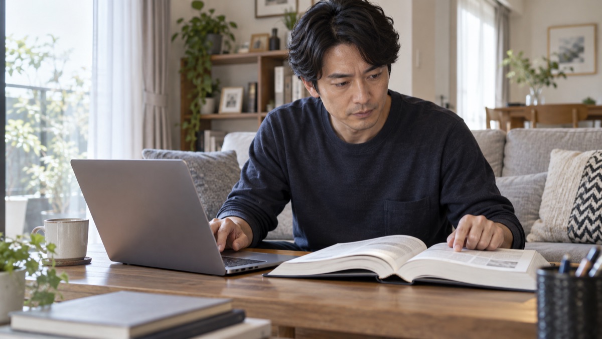 自宅のリビングで、ノートパソコンで資料を作りながら言葉の本を引く男性