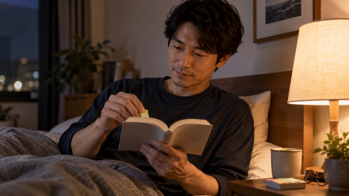 夜、寝室のランプの下で小説に付箋を貼る男性