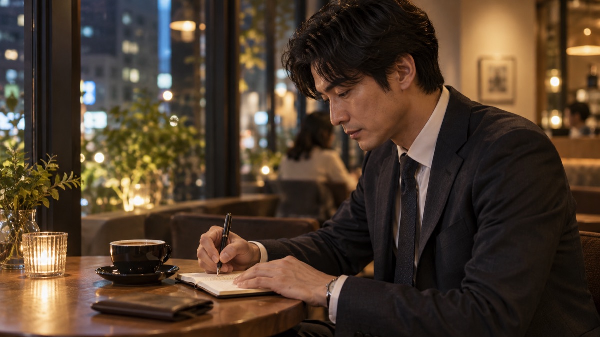 夜のカフェで、手帳に覚えたい言葉をメモする男性会社員