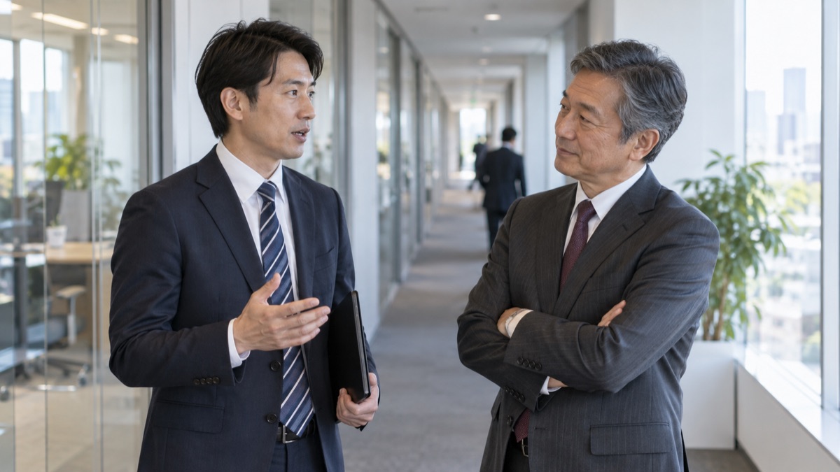 朝のオフィスの通路で、上司に口頭で短く報告する男性会社員