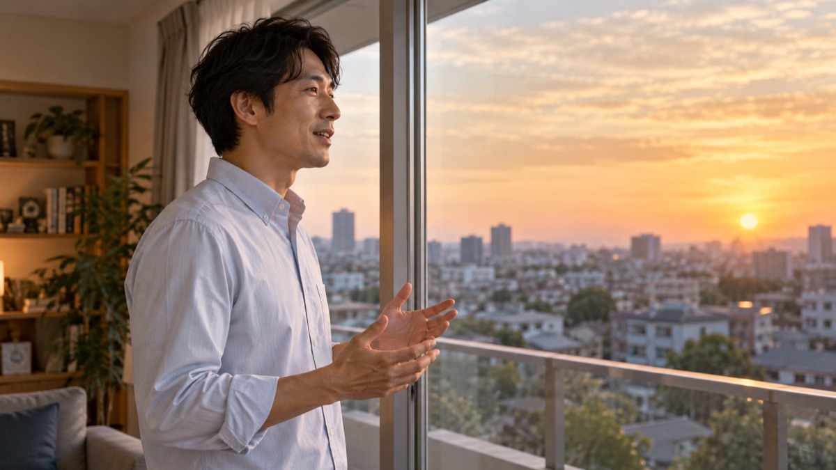 夕方、自宅の窓際で一人で声に出して話す練習をする男性
