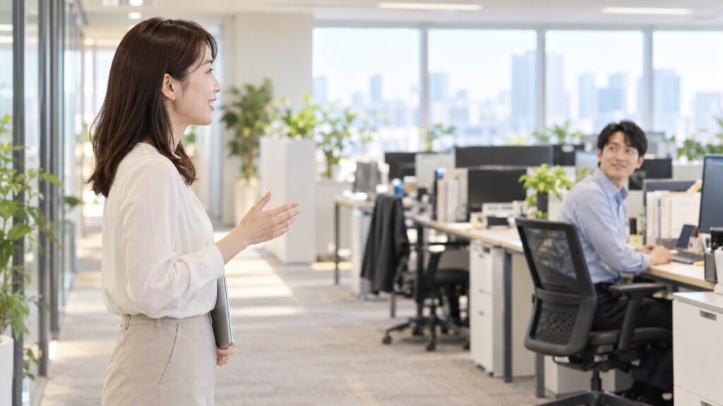 オフィスの通路に立つ女性が、少し離れた席の同僚に背筋を伸ばしてはっきり声をかけている様子