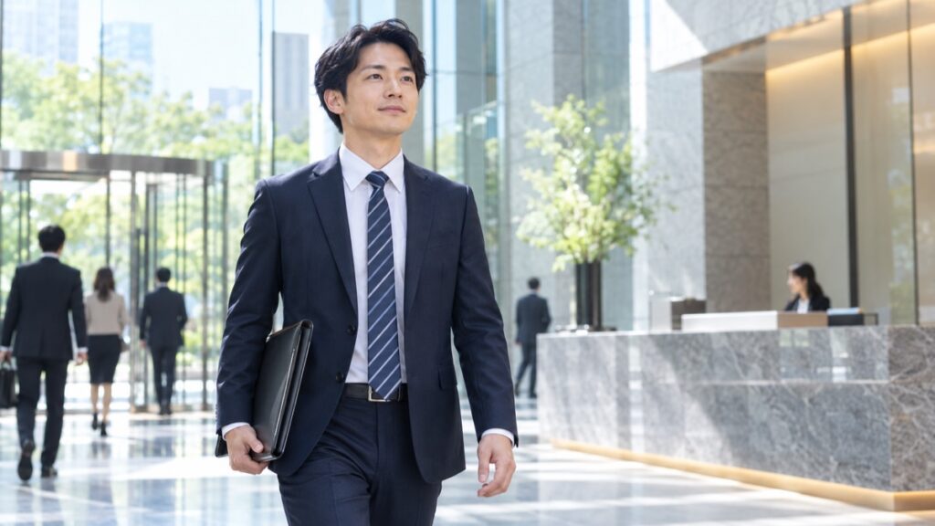 朝の大きなオフィスビルのエントランスを、書類ケースを手に背筋を伸ばして面接に向かう30代の男性