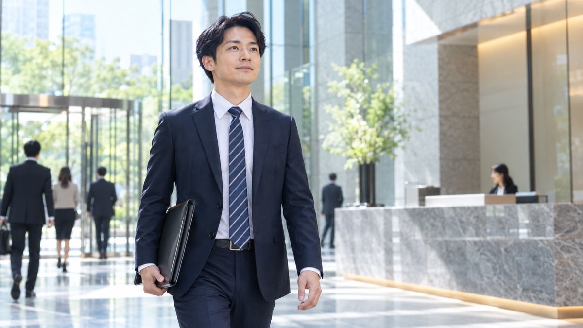 朝の大きなオフィスビルのエントランスを、書類ケースを手に背筋を伸ばして面接に向かう30代の男性