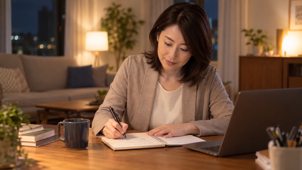 夜の自宅のリビングのテーブルで、面接の答えのキーワードだけをノートに書き出す40代の女性