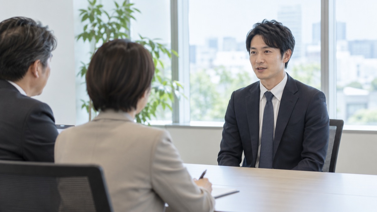 明るい面接室で、長机の向こうの面接官2人に落ち着いた表情で答える30代の男性