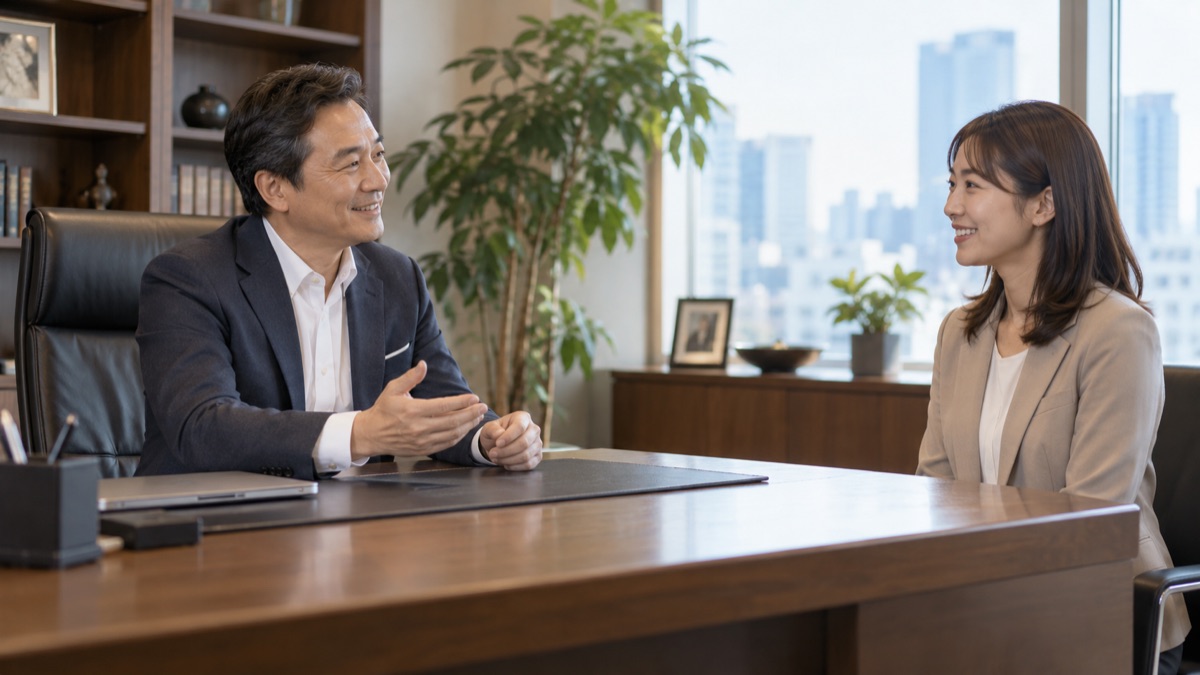 面接の冒頭、和やかな表情で話しかける男性面接官と、笑顔で答える30代の女性(会社の社長室)