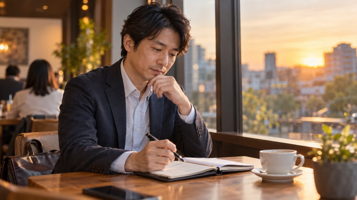 夕方のカフェの窓際で、手帳を開いて前回の面接を振り返る40代の男性