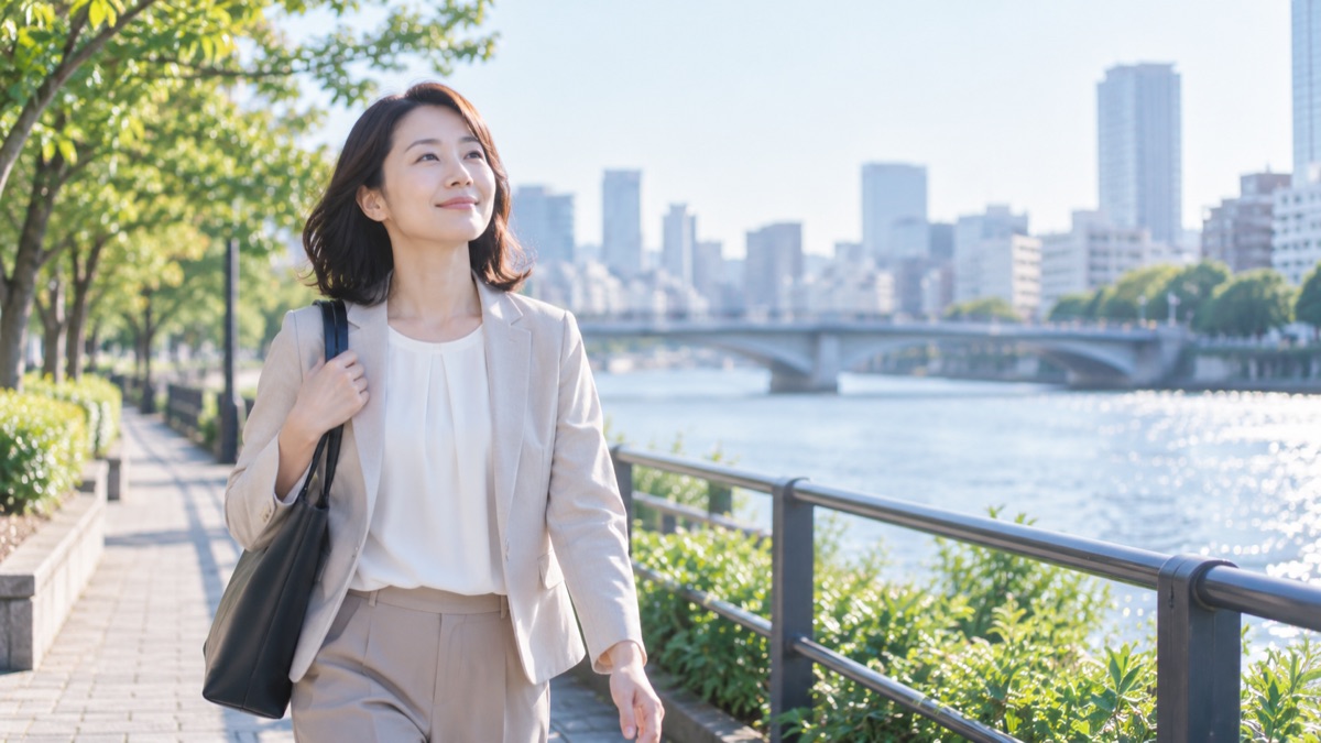朝の川沿いの遊歩道を、ゆっくり深呼吸しながら歩く30代の女性
