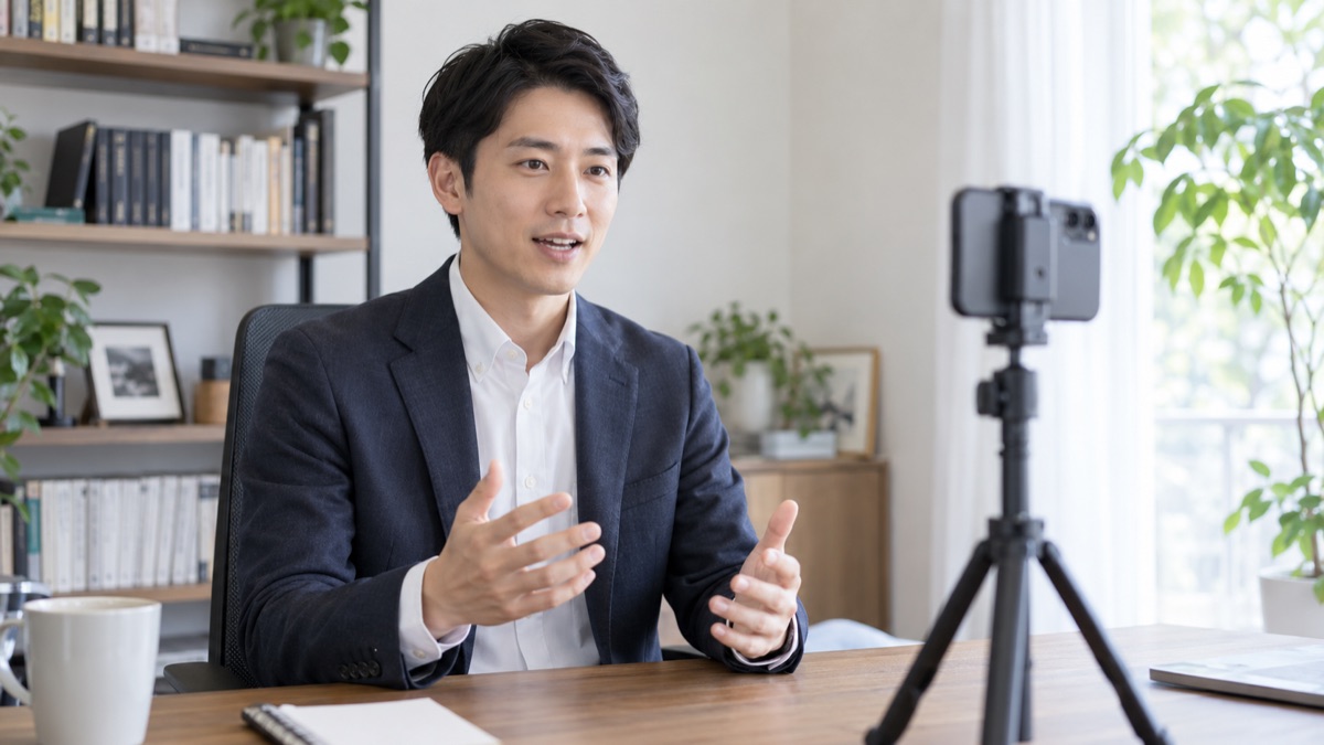 自宅の書斎で、三脚に立てたスマートフォンに向かって面接の答えを声に出し録画する30代の男性
