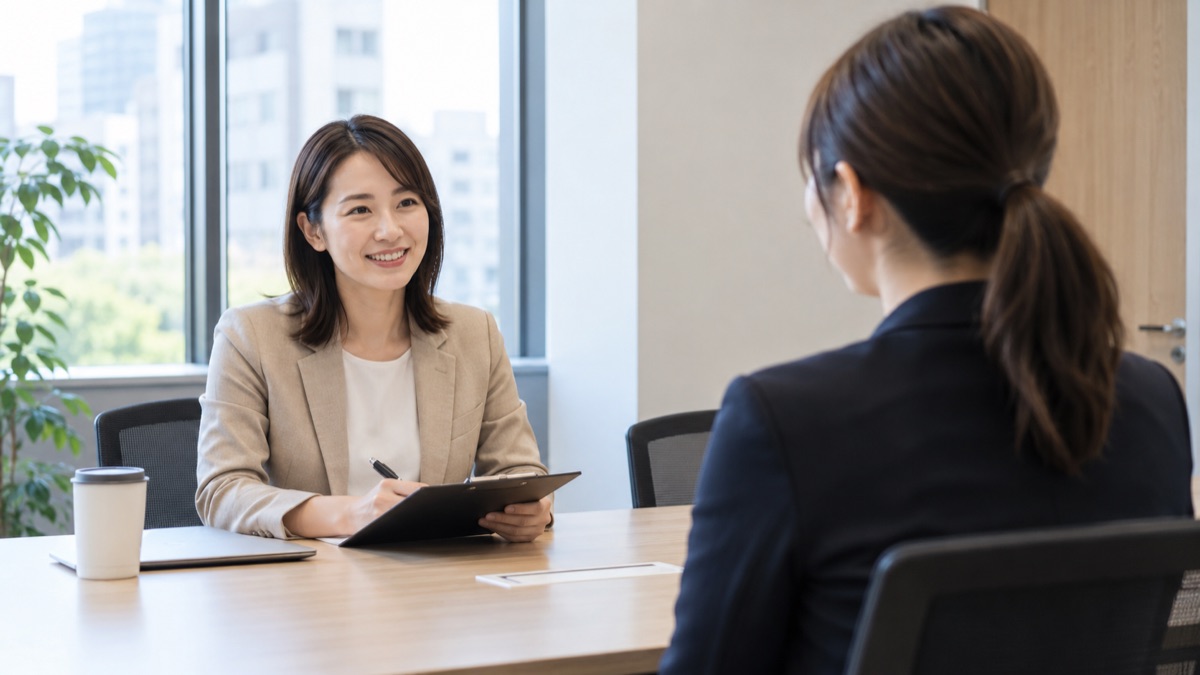 貸し会議室で、友人に面接官役を頼んで模擬面接の練習をする30代の女性