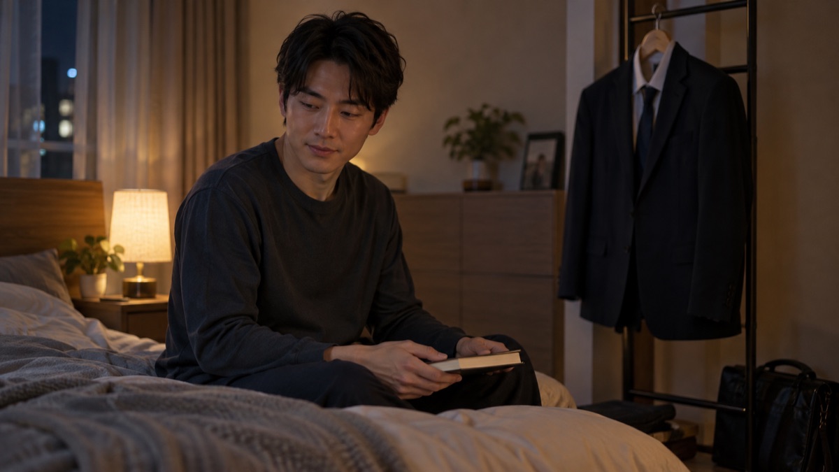 面接の前日の夜、翌日のスーツをハンガーに掛け、照明を落とした寝室で本を閉じて休もうとする男性