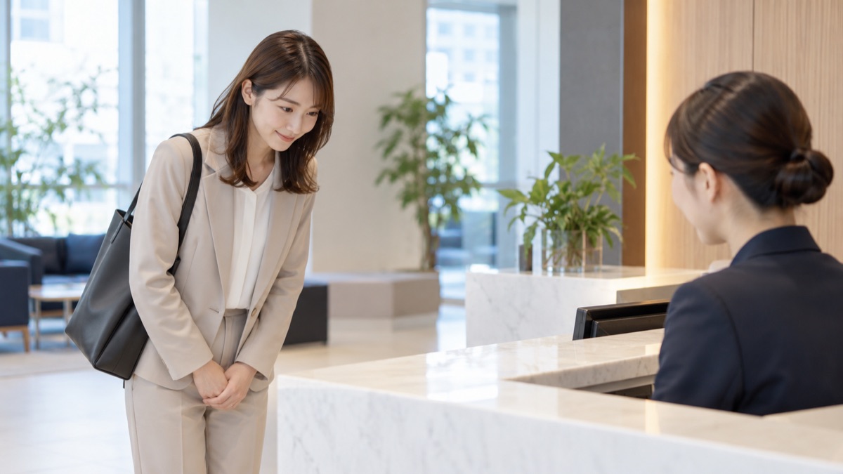 会社の受付カウンターの前で、受付の人に穏やかな表情で会釈する30代の女性