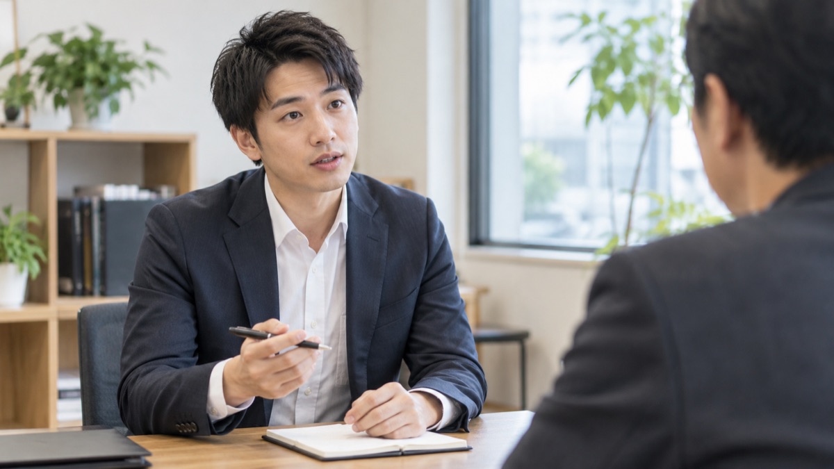 小さな会社の打ち合わせスペースで、面接官の質問を確かめるように聞き返す20代後半の男性