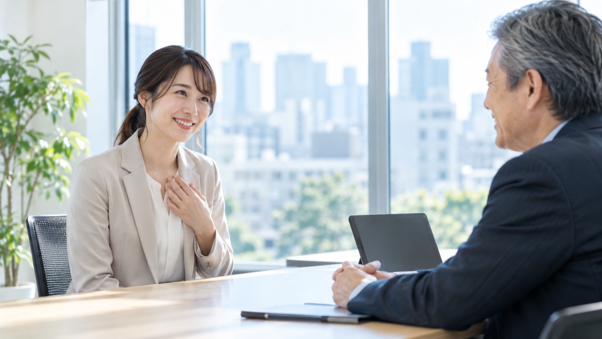 窓の大きな会議室で、少し照れた笑顔で面接官に一言添える30代の女性と、ほほえむ年配の面接官