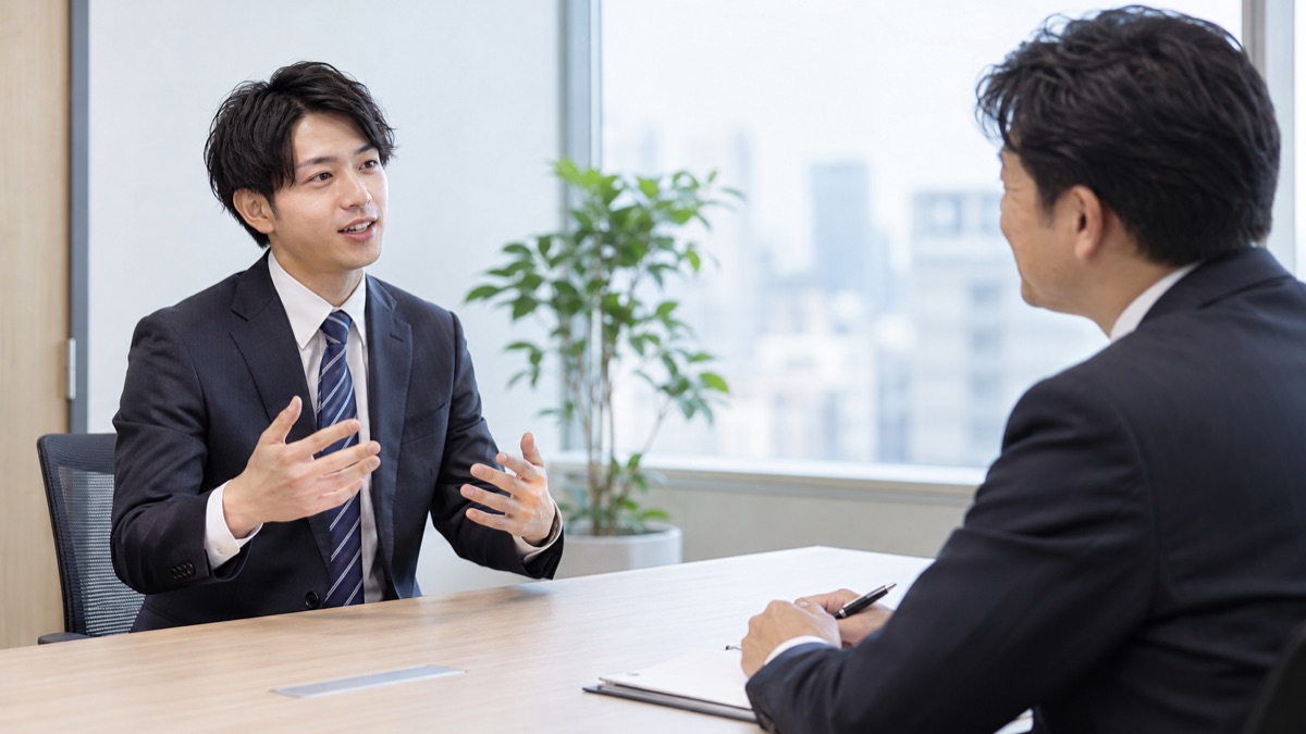 オフィスの面接スペースで、身ぶりを交えて流れるように話し続ける20代後半の男性と、メモを止めて聞く面接官