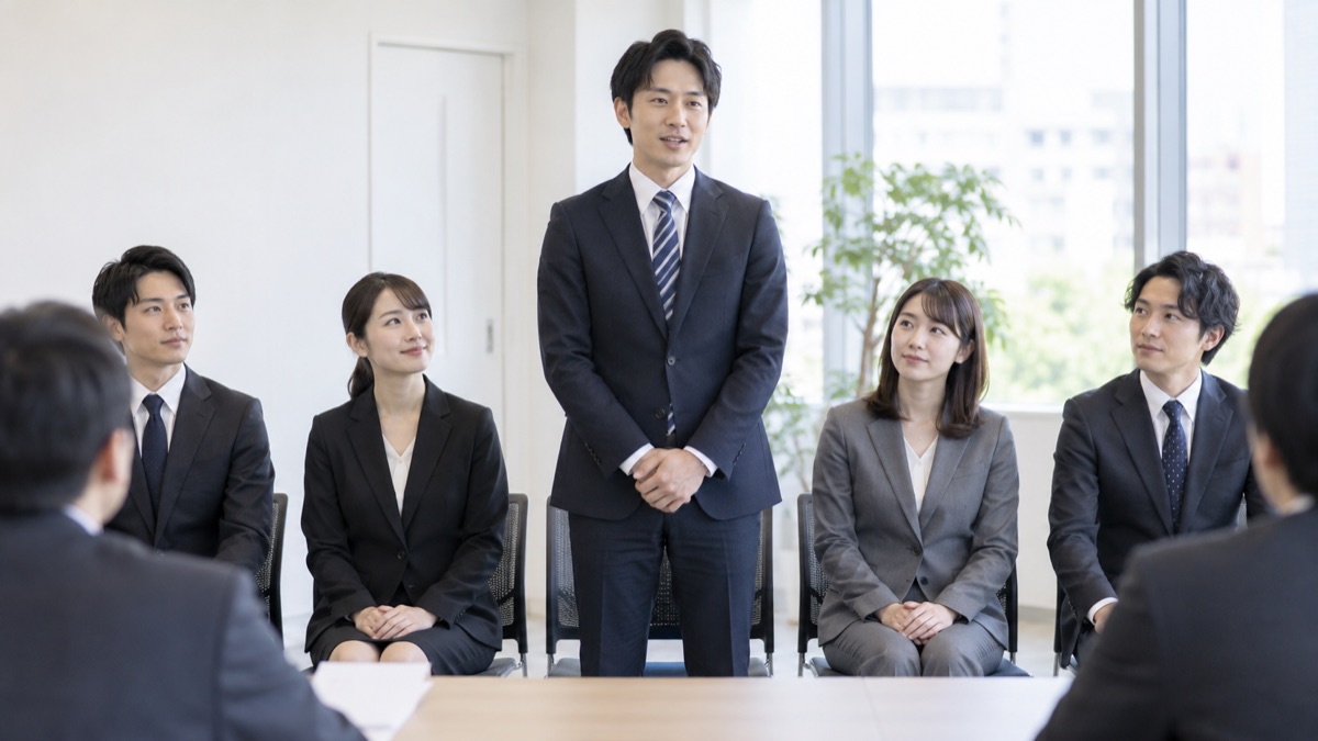 グループ面接の部屋で、椅子から立ち上がって自己紹介をする30代の男性と、並んで座るほかの応募者たち
