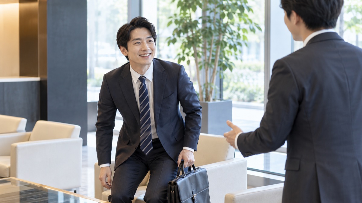 会社の待合スペースで、迎えに来た社員に声をかけられ、立ち上がって笑顔で応じる30代の男性