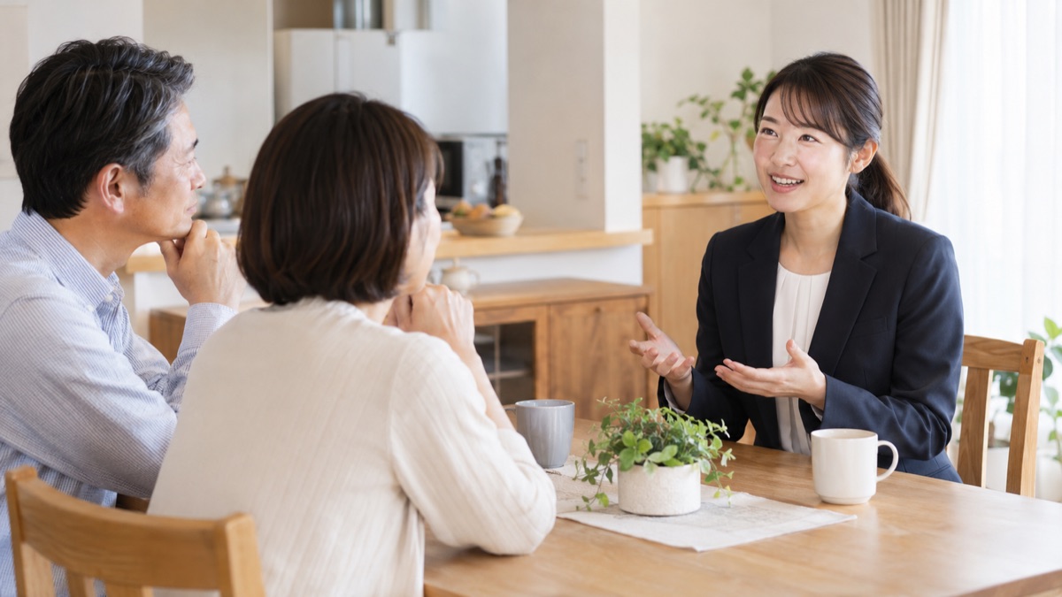 自宅のダイニングで、家族に話を聞いてもらいながら面接の答えを話してみる女性