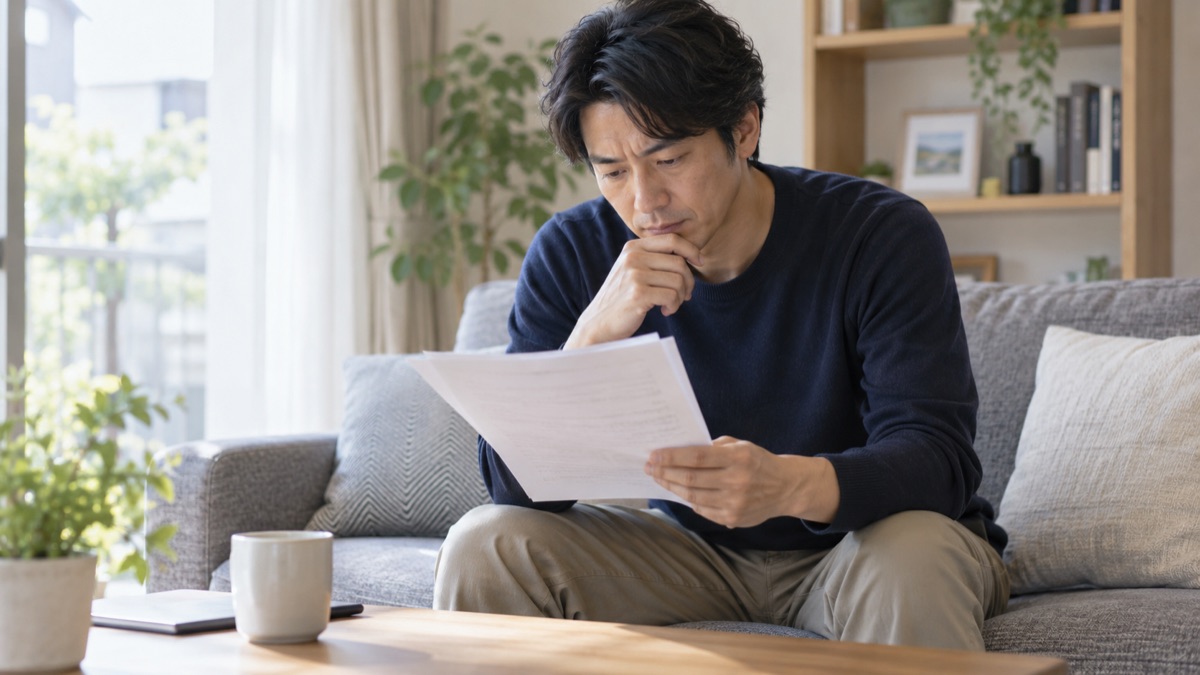 自宅のソファで、手書きの答えの原稿を何度も読み返す40代の男性