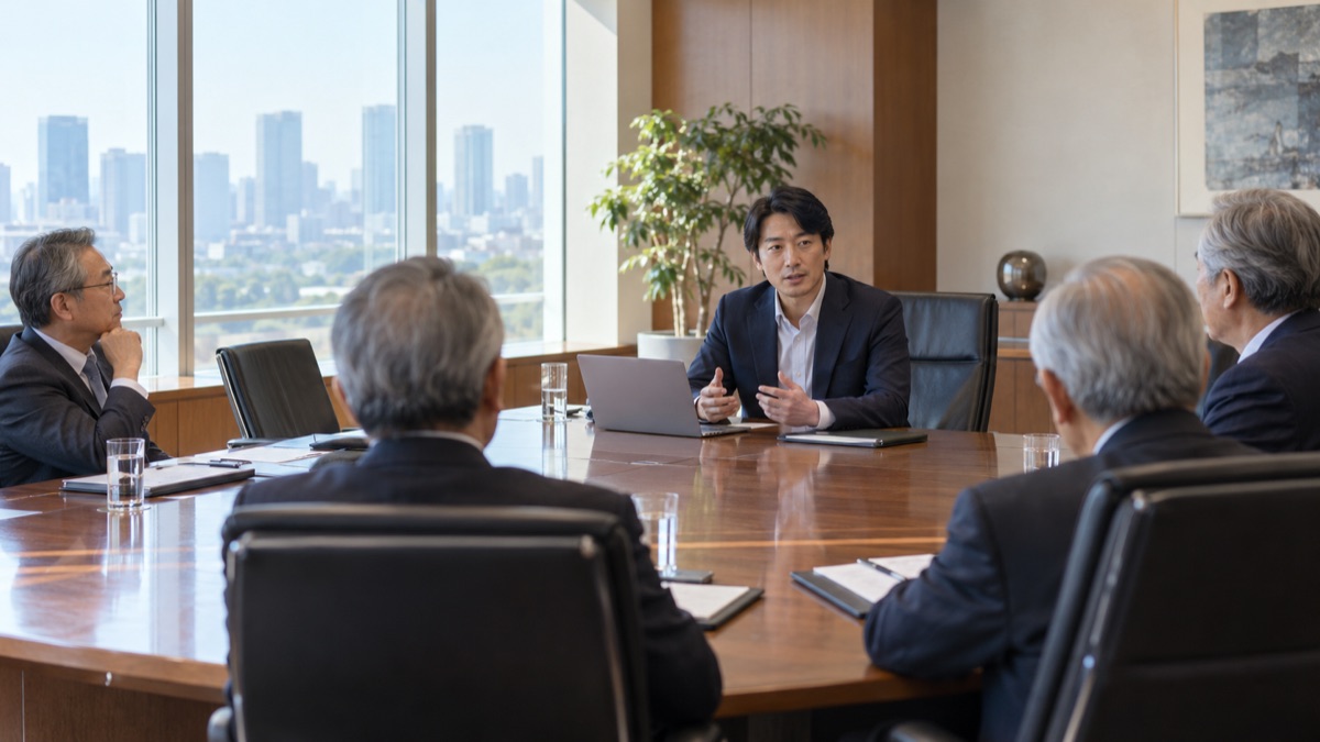 広い役員会議室で、年配の役員たちと向き合って話す40代の男性