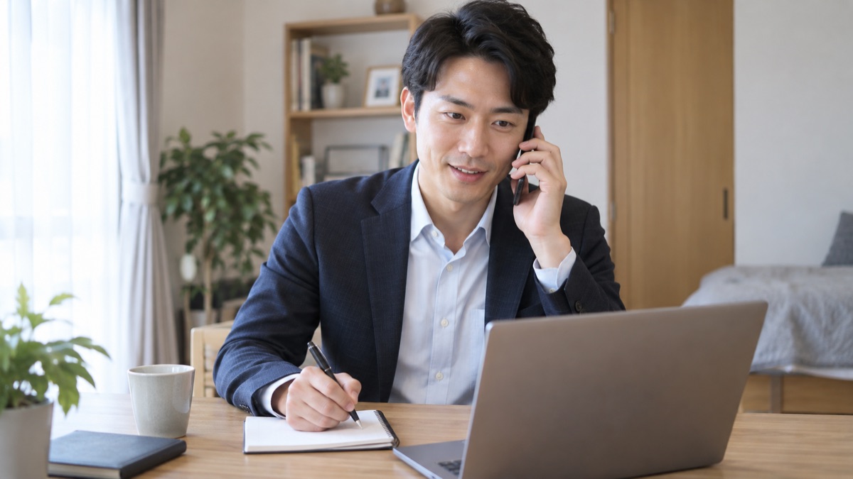 静かな自宅の部屋で、机にメモを置いて電話面接を受ける30代の男性
