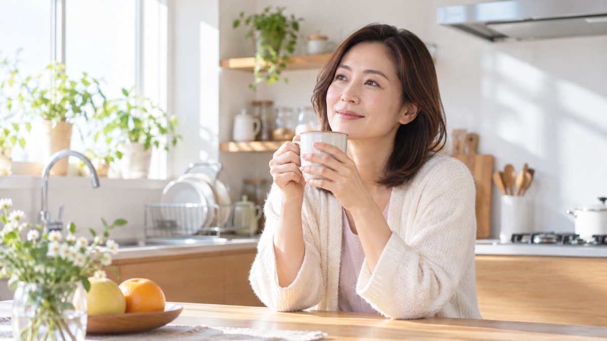 朝の明るい自宅のキッチンで、温かい飲み物のマグカップを両手で持ち一息つく40代の女性