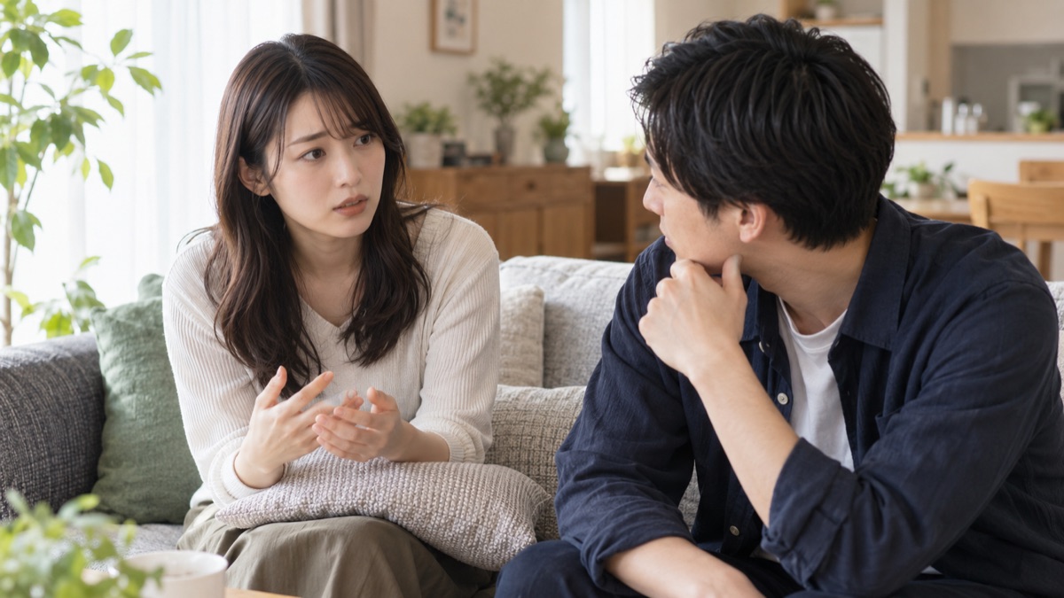 休日の自宅のリビングで、パートナーに面接の不安を打ち明けて話を聞いてもらう女性