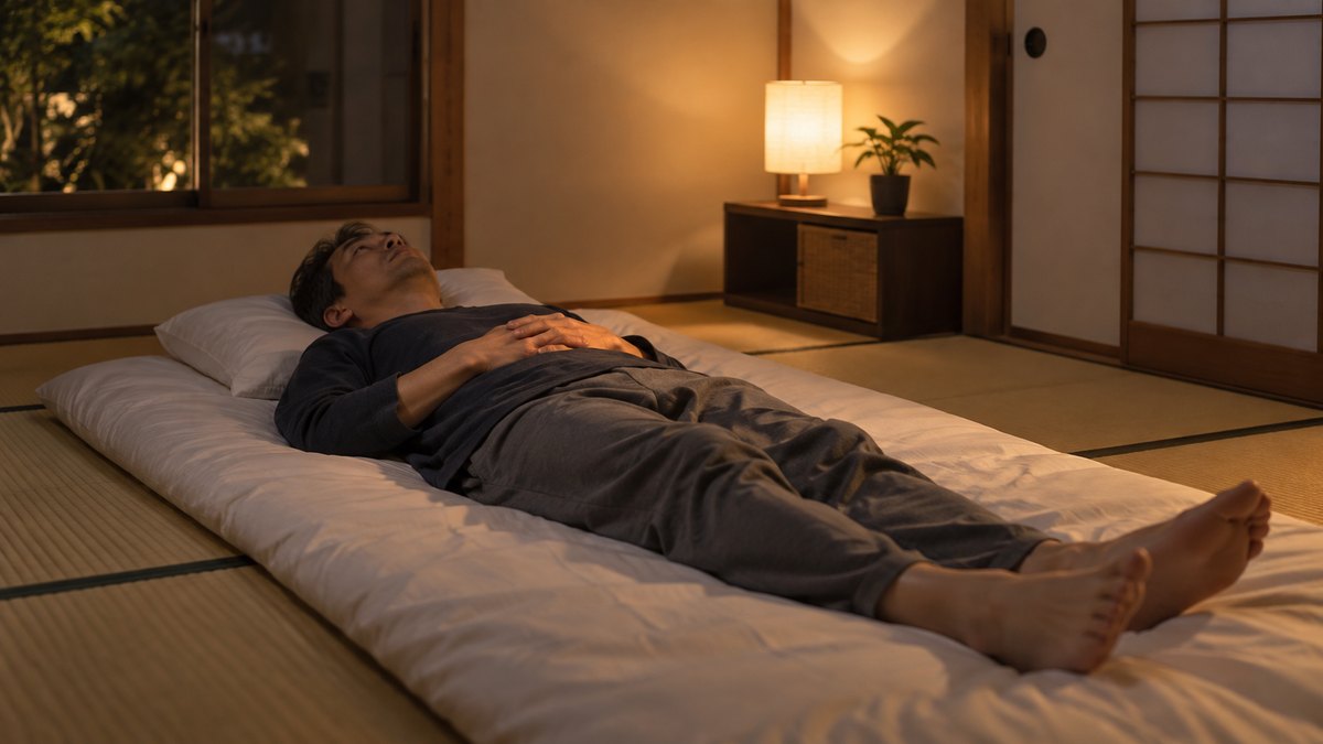 夜、和室の畳に敷いた布団の上に、掛け布団をかけずに仰向けになった40代の男性が、部屋着姿で両手をおなかの上にのせ、目を開けて天井を見ながら息を吐いている遠景。おなかに置いた両手がはっきり見える。電気スタンドの明かり。顔ははっきり写らない。文字は無い