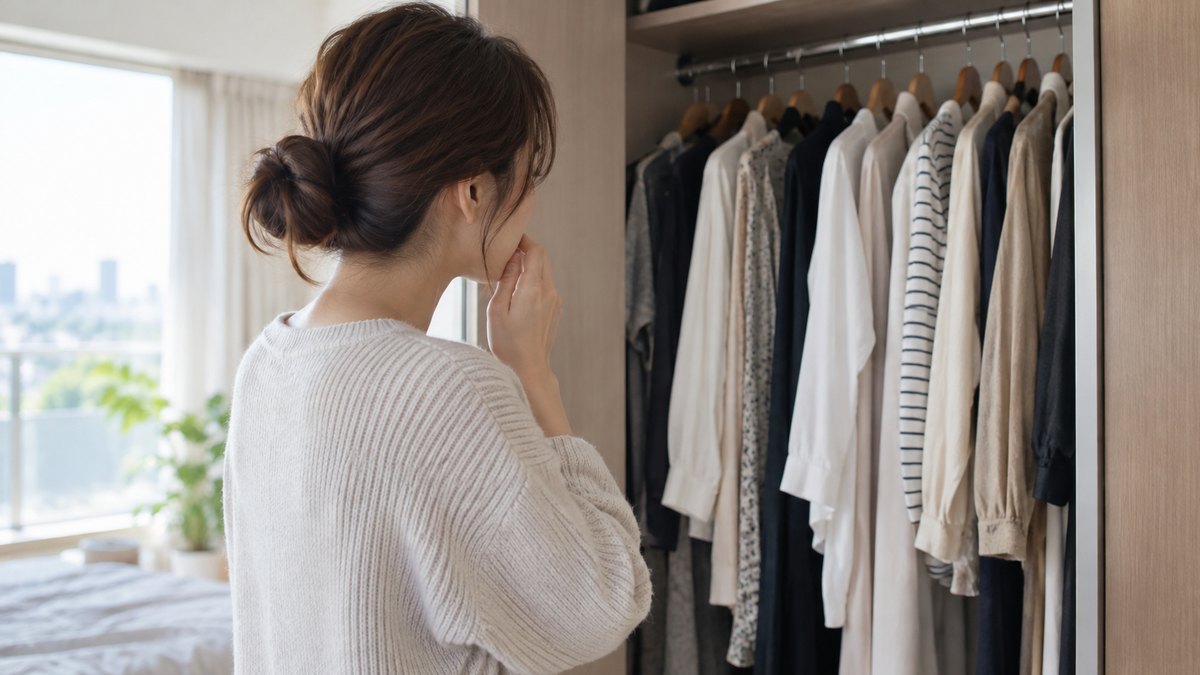 昼、マンションの寝室のクローゼットの扉を開けた前で、30代の女性が掛けてある服のほうを向いて立ち、口元に手を添えて小さく声を出している近景。顔ははっきり写らない。文字は無い