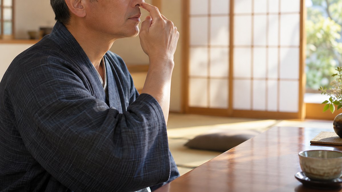 午前、和室の座卓の前に正座した50代の男性が、口を軽く閉じて鼻のつけ根に指先を添え、響きを確かめるようにハミングしている近景。障子越しのやわらかい光。顔ははっきり写らない。文字は無い
