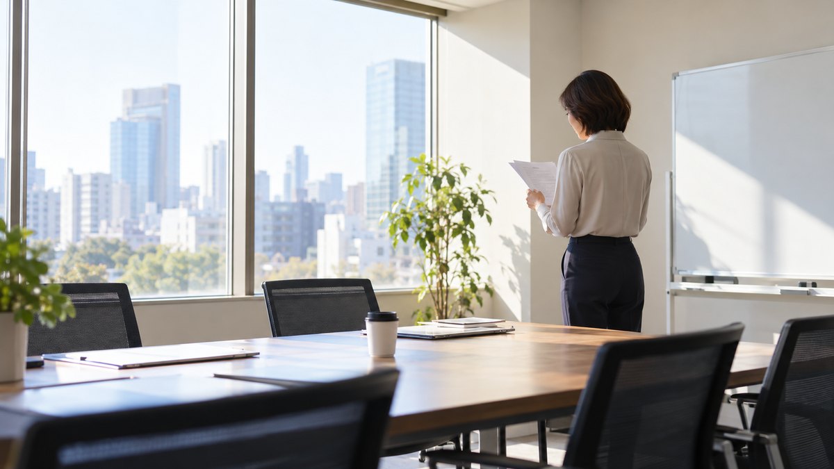朝、会社の小さな会議室で、40代の女性会社員が一人で資料を両手に持って立ち、会議の前に小さな声で読み上げの練習をしている遠景。窓からの自然光。顔ははっきり写らない。資料とホワイトボードの文字は見えない