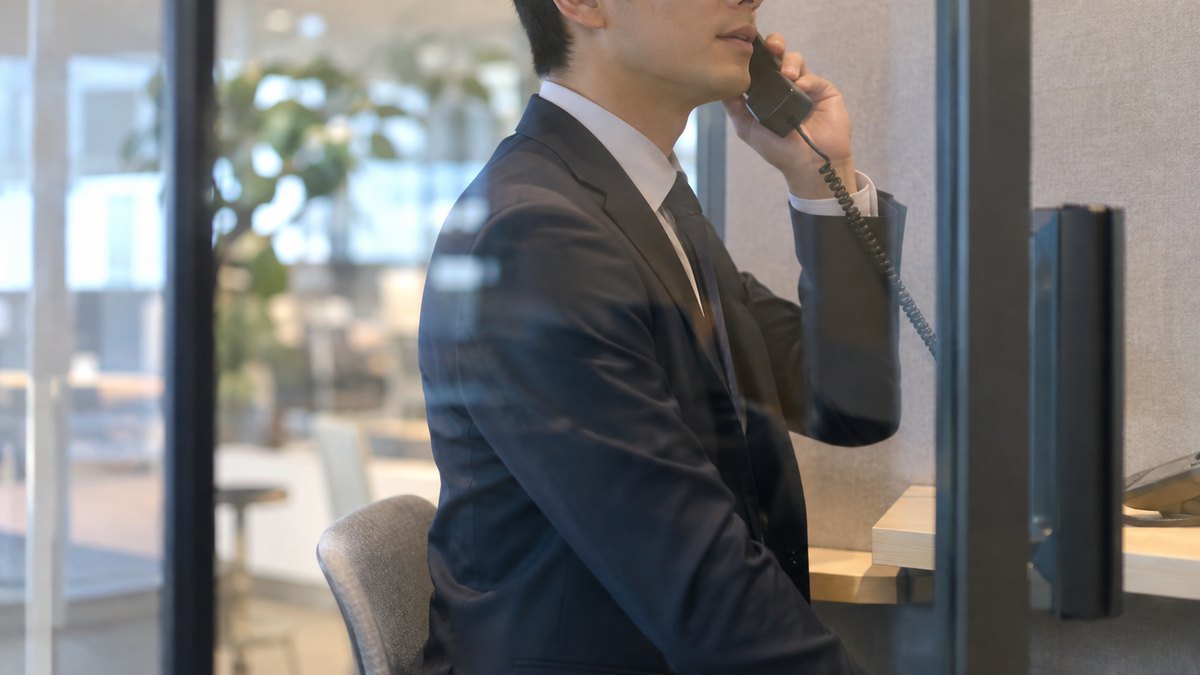 昼、オフィスの一人用の電話ブースで、30代の男性会社員が受話器を耳に当て、背すじを伸ばして落ち着いた表情で名乗っている近景。ガラス越しのやわらかい光。顔ははっきり写らない。文字は無い