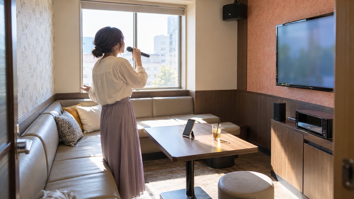 週末の昼、一人カラオケの小さな個室で、30代の女性がマイクを片手に持ち、テーブルに置いたスマホで自分の歌を録音しながら歌っている遠景。顔ははっきり写らない。画面や機器の文字は見えない