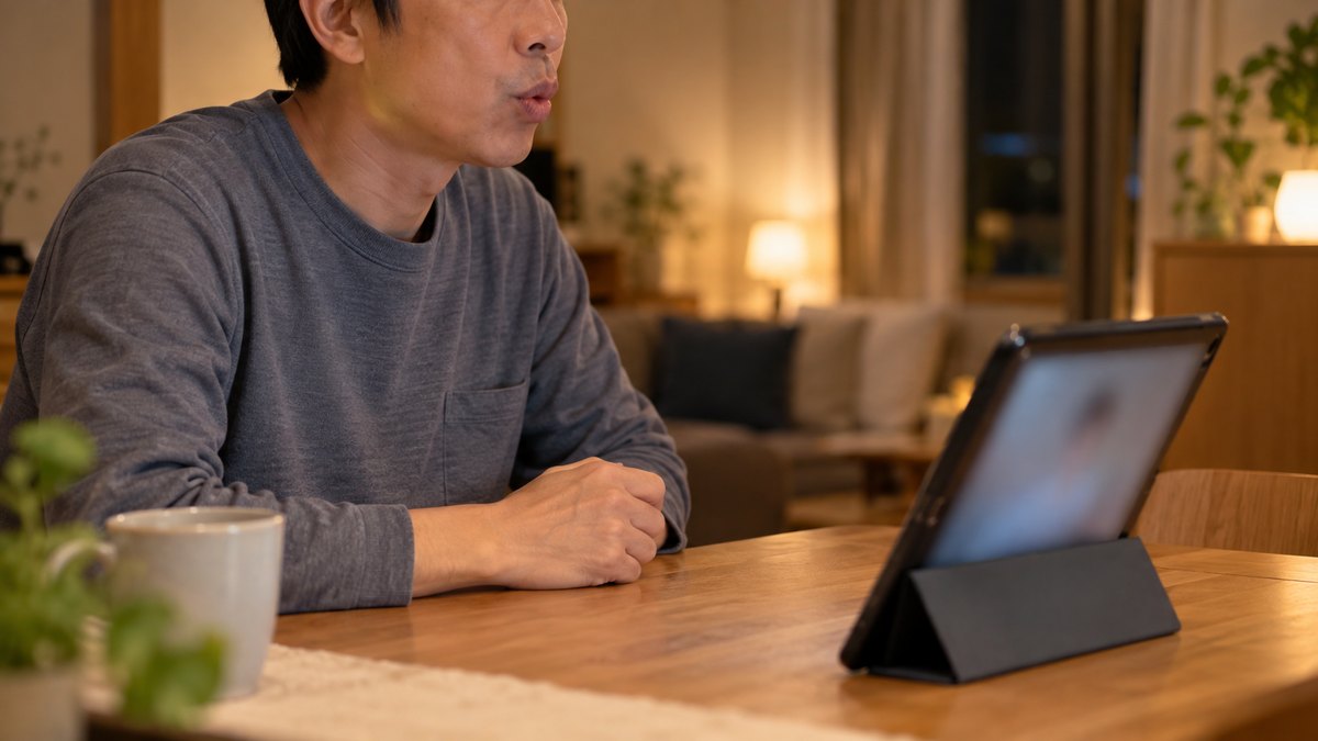夜、自宅のダイニングテーブルで、40代の男性がテーブルに立てたタブレットを見ながら、唇を軽く閉じて息を送る練習をしている近景。タブレットの画面はぼけていて見えない。顔ははっきり写らない。文字は無い